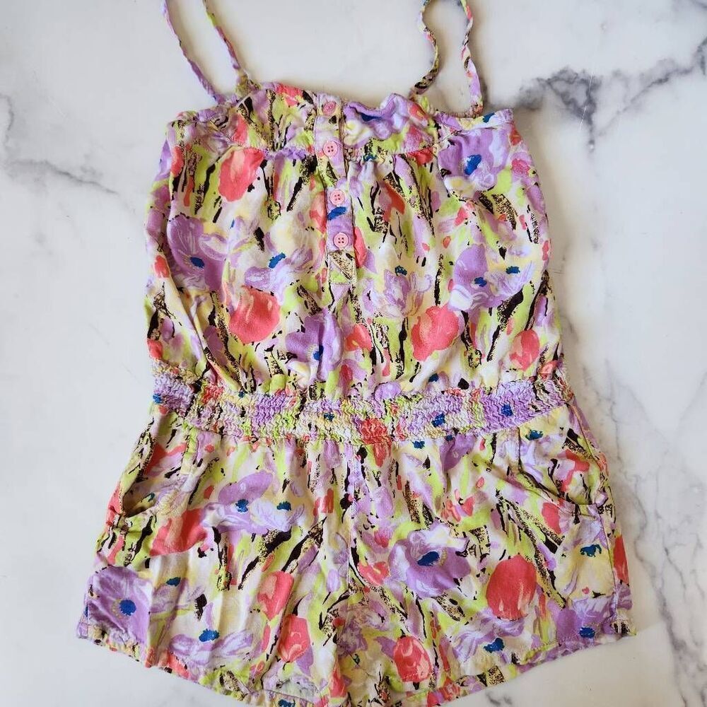 Real Love large 10-12 girls floral shorts romper pull on one piece spaghetti str